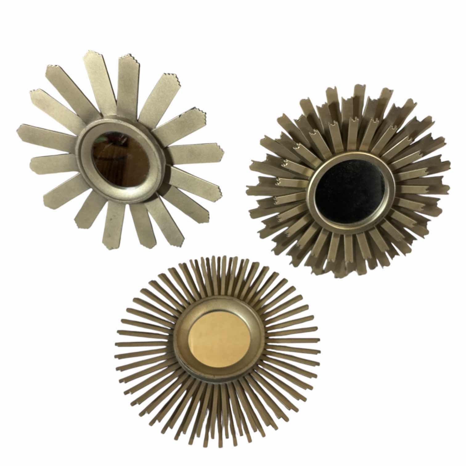 Photo 1 of ORNATE STARBURST SUN  PLASTIC 10” FRAMED MIRRORED WALL DECOR SET OF 3, BRONZE FINISH $30
