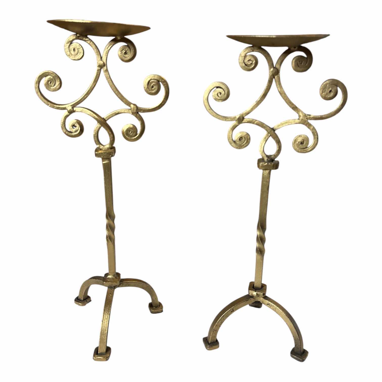 Photo 1 of WROUGHT IRON SCROLLED 13” CANDLE PILLARS W BRASS FINISH  (2)