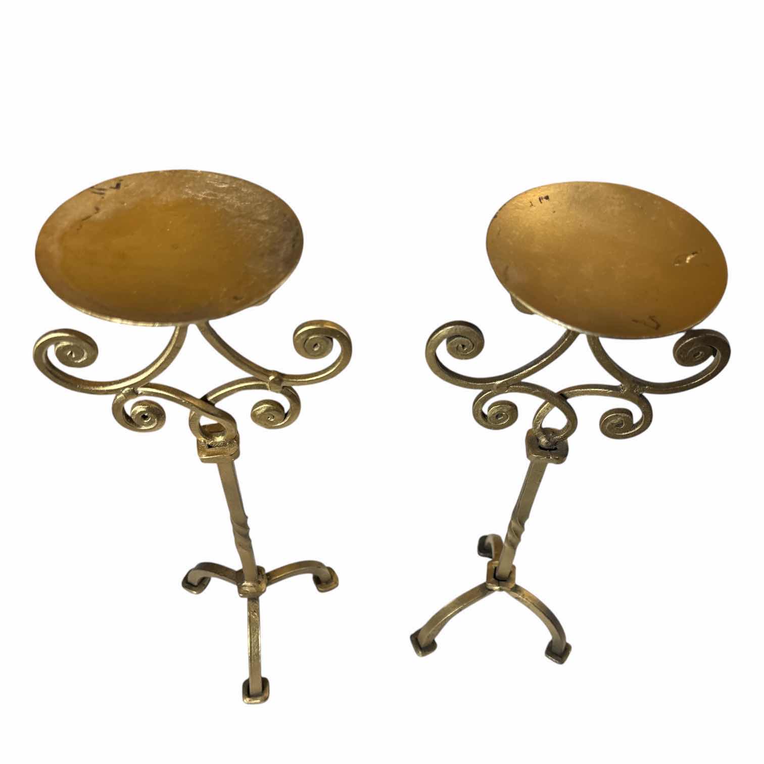 Photo 1 of WROUGHT IRON SCROLLED 13” CANDLE PILLARS W BRASS FINISH  (2)