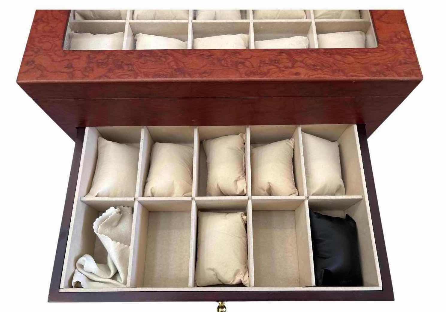 Photo 1 of WOODEN 10-SLOT WATCH DISPLAY & STORAGE BOX WITH GLASS TOP AND DRAWER 14.25”X8.5”H6.5”