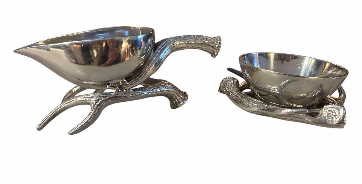 Photo 1 of PAIR OF SILVER-TONE ANTLER & BRANCH SERVING BOWLS W SPOON – RUSTIC LODGE DECOR H4.25”