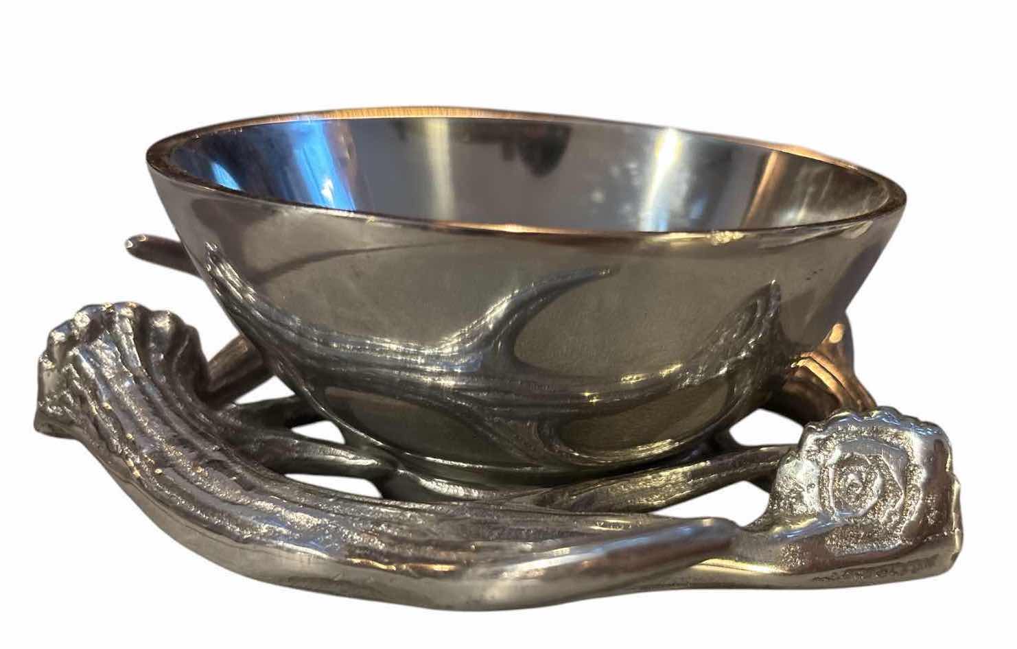 Photo 1 of PAIR OF SILVER-TONE ANTLER & BRANCH SERVING BOWLS W SPOON – RUSTIC LODGE DECOR H4.25”