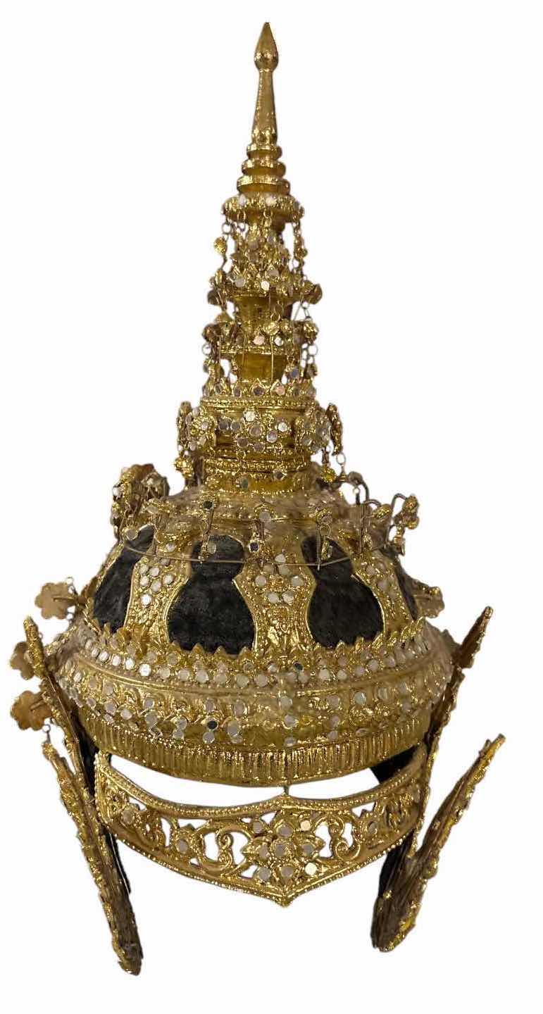 Photo 1 of ORNATE GOLD-TONE ASIAN-STYLE MINIATURE DECORATIVE HEADDRESS WITH MIRRORED ACCENTS H17.5”
