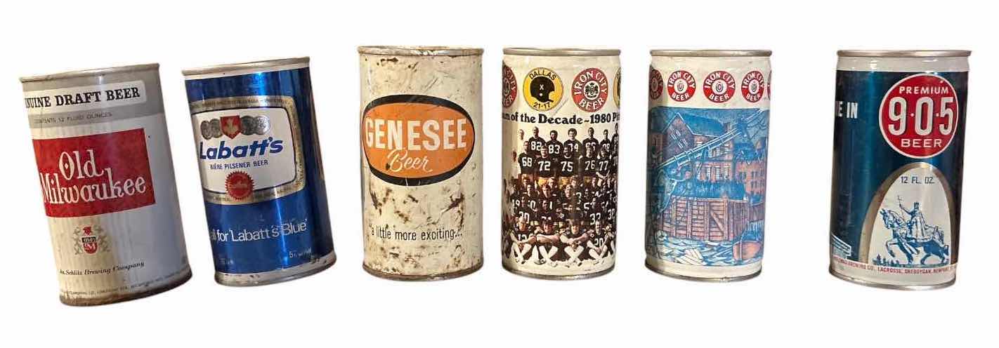 Photo 1 of 6-PCS PC VINTAGE BEER CAN COLLECTION – OLD MILWAUKEE, LABATT’S, GENESEE, IRON CITY & 905