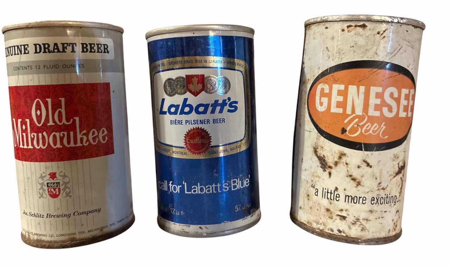 Photo 1 of 6-PCS PC VINTAGE BEER CAN COLLECTION – OLD MILWAUKEE, LABATT’S, GENESEE, IRON CITY & 905