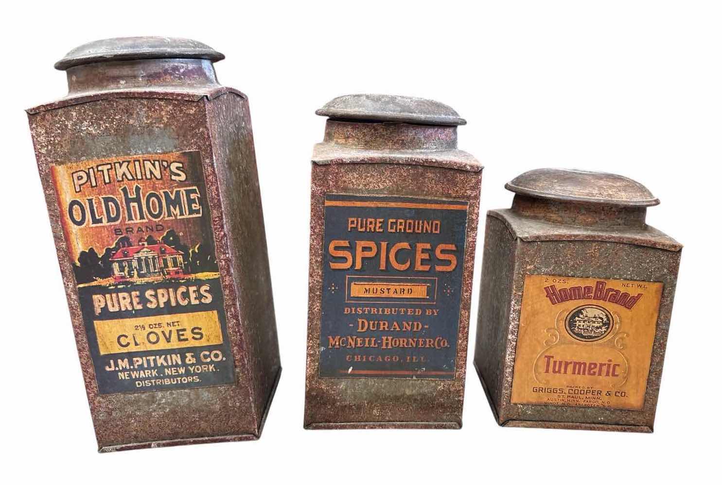 Photo 1 of 3-PCS VINTAGE-STYLE METAL SPICE TINS – CLOVES, MUSTARD & TURMERIC H8.5”