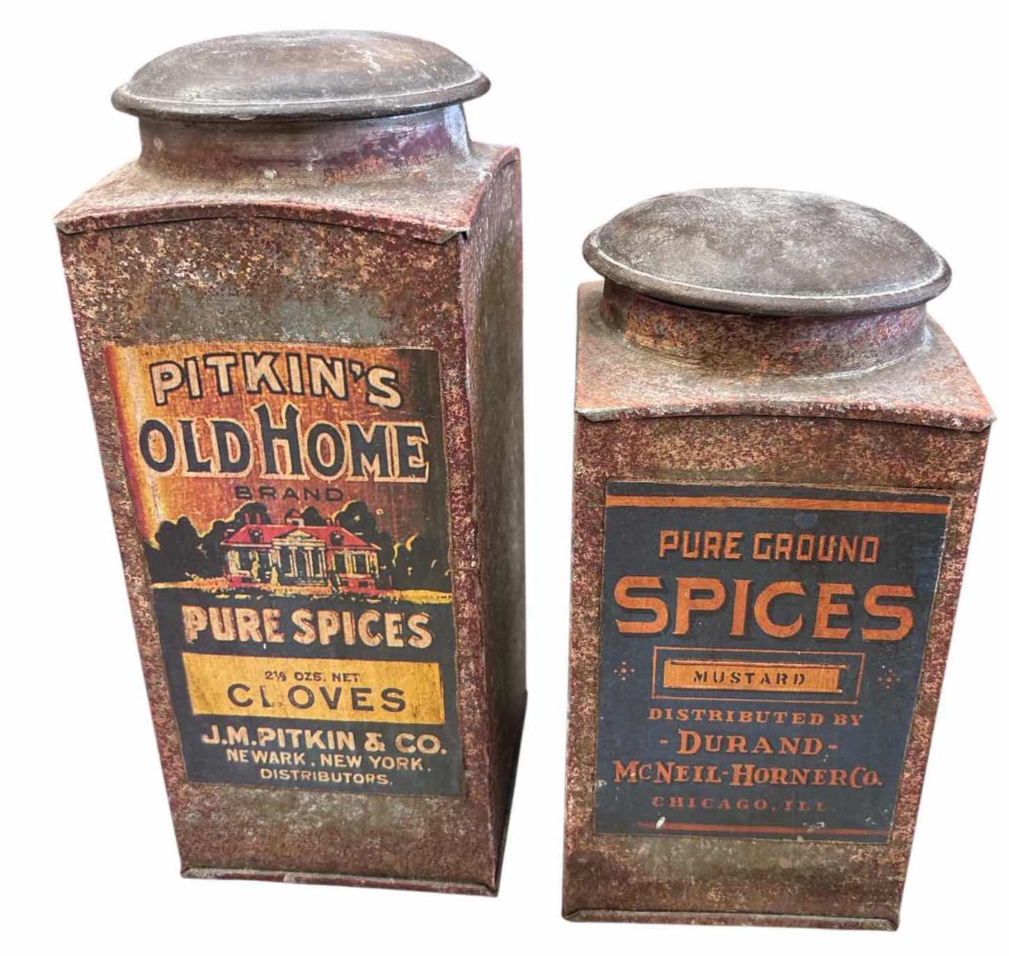 Photo 1 of 3-PCS VINTAGE-STYLE METAL SPICE TINS – CLOVES, MUSTARD & TURMERIC H8.5”