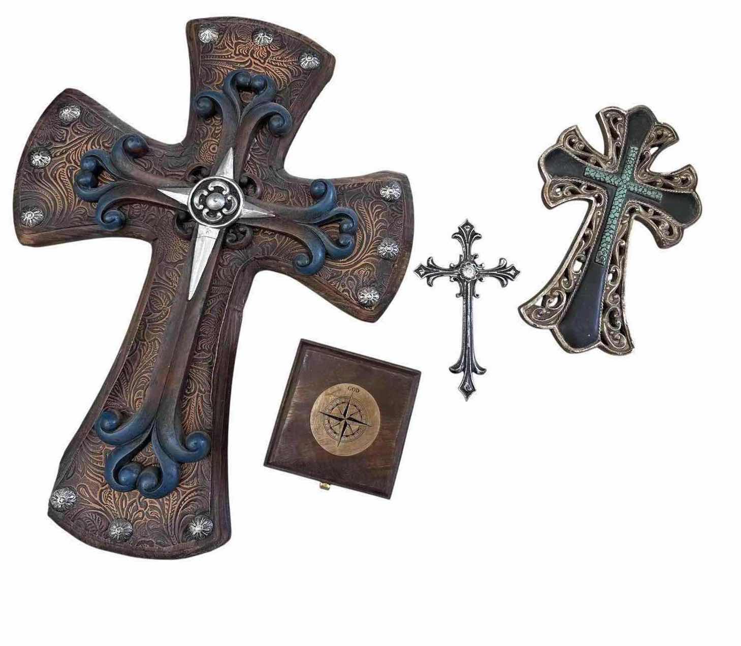 Photo 1 of 4-PCS RELIGIOUS WALL CROSS DECOR & “GOD’S PATH” BRASS COMPASS W/ WOODEN BOX H14.5”