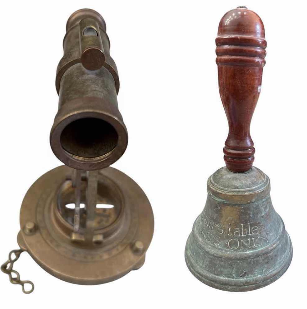 Photo 1 of 2-PCS VINTAGE-STYLE BRASS NAUTICAL SEXTANT W/ TELESCOPE & COMPASS & BELL H6.5”