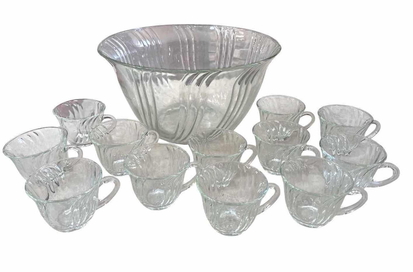 Photo 1 of VINTAGE RIBBED GLASS PUNCH BOWL SET W/ MATCHING HANDLED CUPS D12.5”