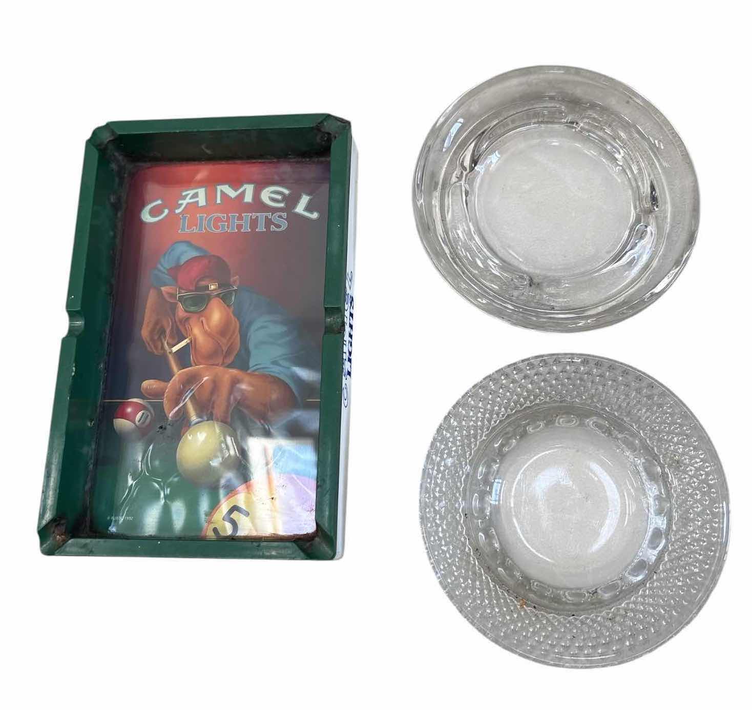 Photo 1 of 3-PCS VINTAGE ASHTRAY LOT W/ 1992 CAMEL LIGHTS BILLIARDS ADVERTISING ASHTRAY 5”X7.5”