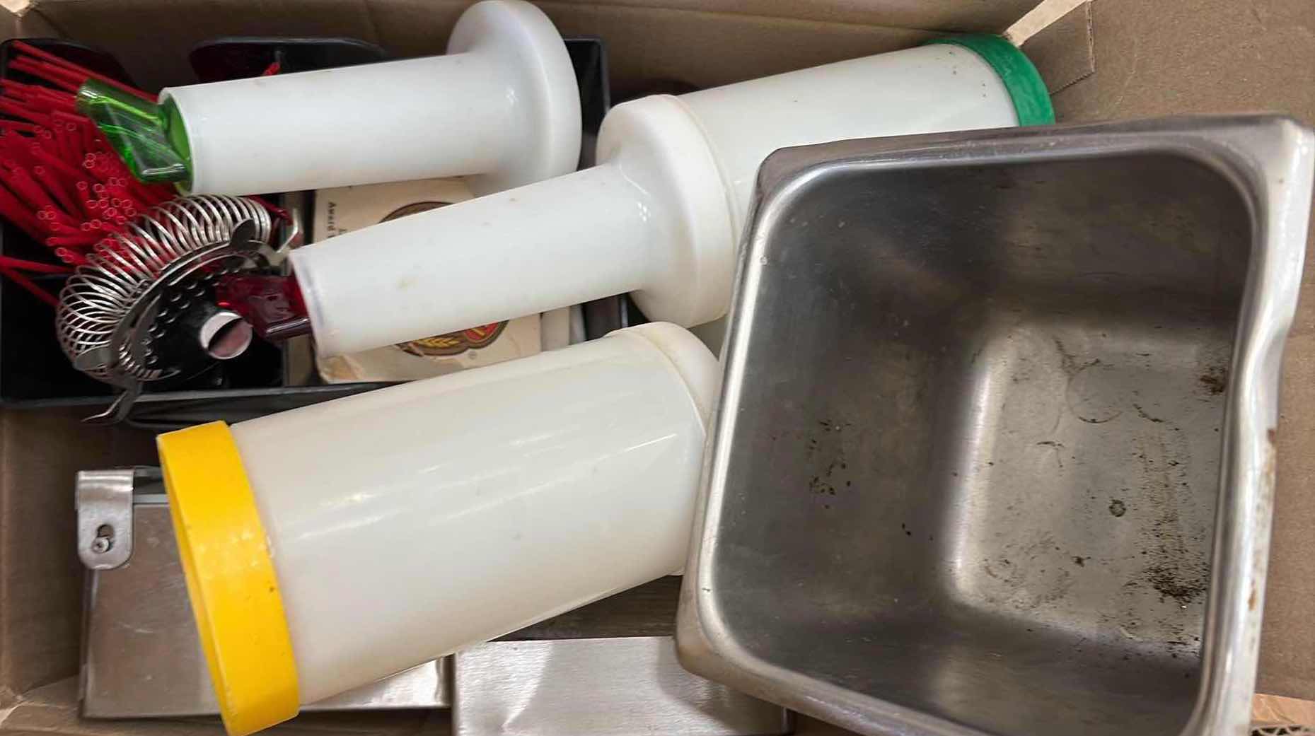 Photo 1 of BOX OF COMMERCIAL RESTAURANT & BAR SUPPLIES – CONDIMENT DISPENSERS, STRAWS, BAR TOOLS & FOOD SERVICE ACCESSORIES