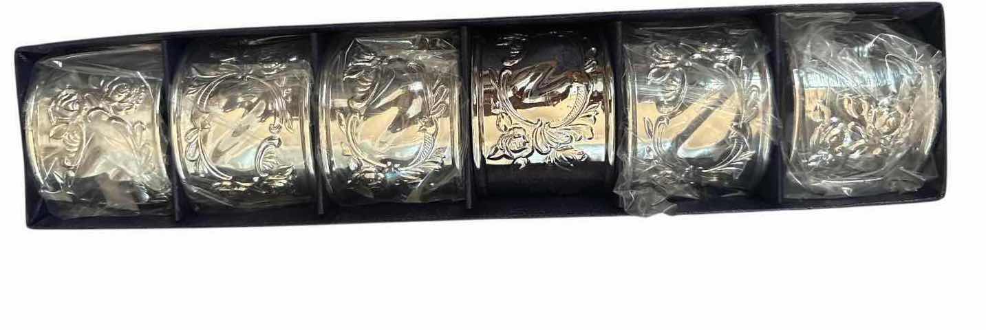 Photo 1 of DAVID ORGELL ORNATE SILVER-TONE NAPKIN RINGS – SET OF 6 W/ BOX H1.5”