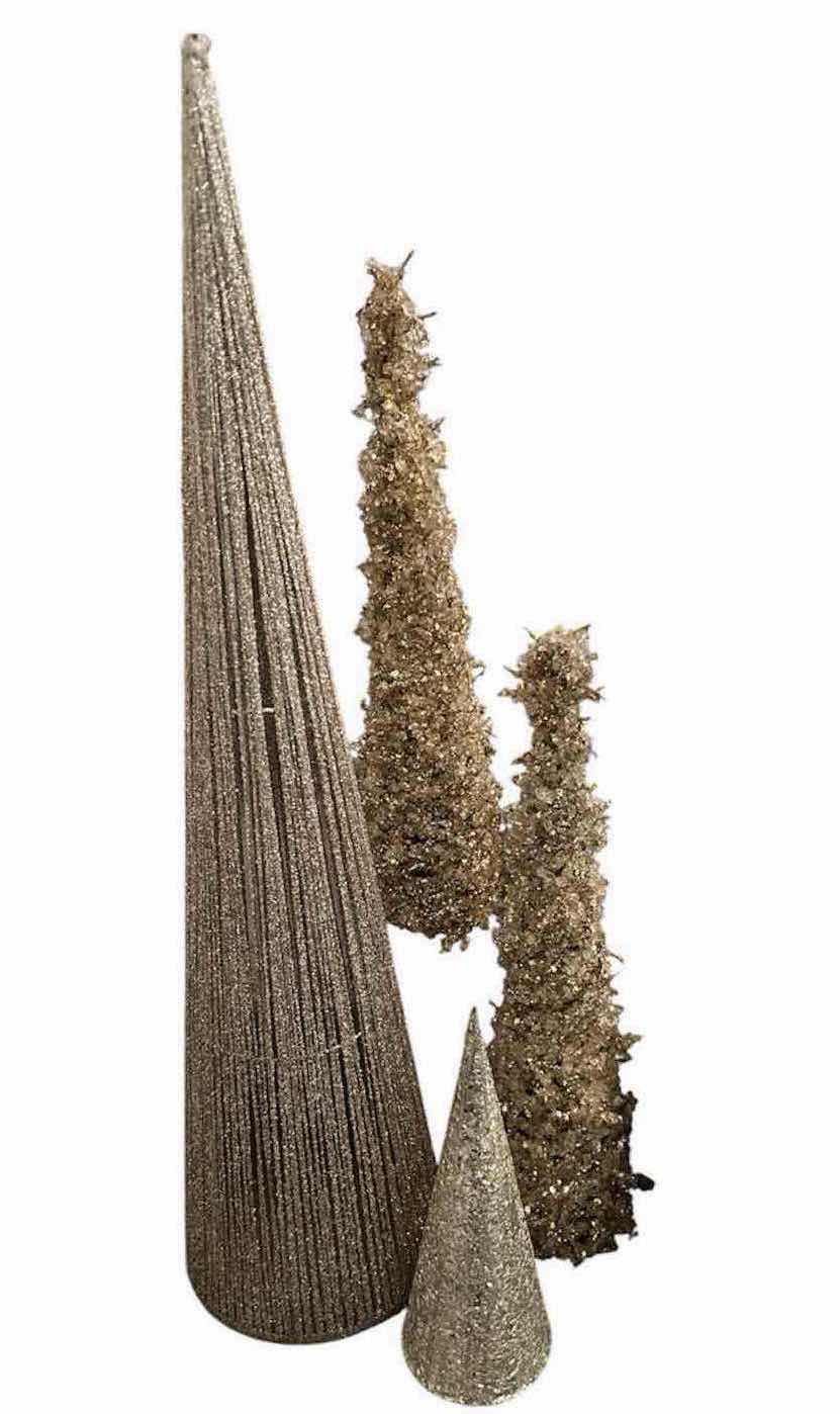 Photo 1 of 4- DECORATIVE GOLD GLITTER & STRING CONE TREES H 30" 19" 12"
