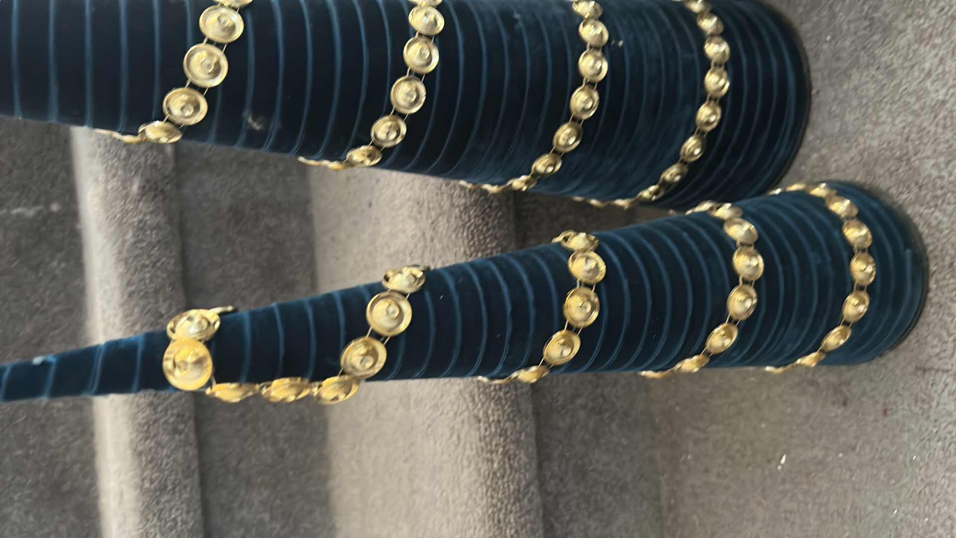 Photo 1 of 2- DECORATIVE TABLE TOP TEAL VELVET WRAPPED CONE TREES W GOLD JEWELED BASES H 25" 19"