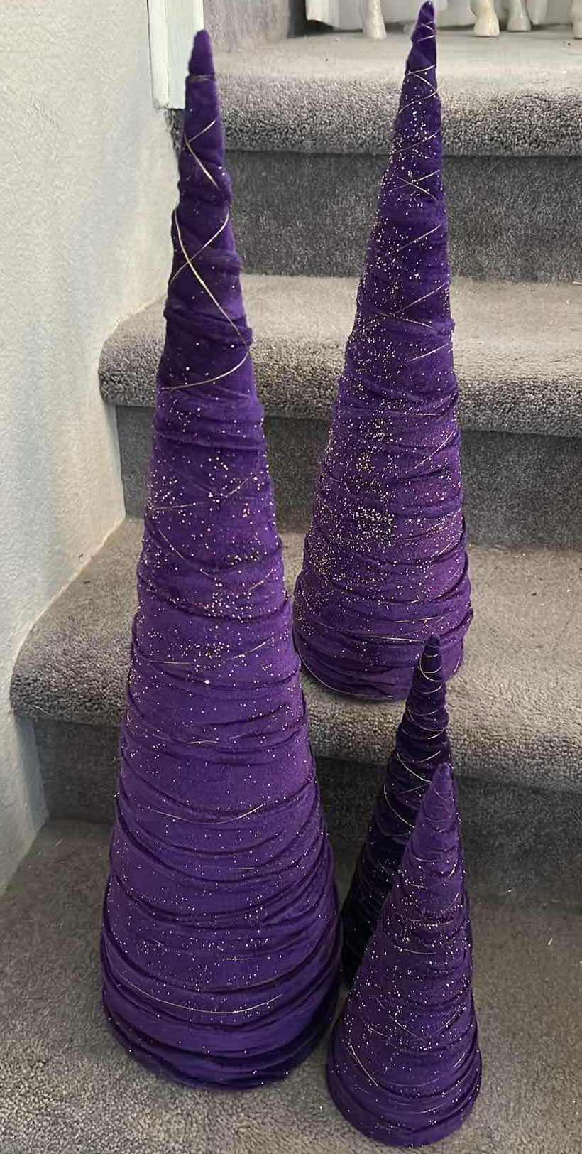Photo 1 of 4-PLUM VELVET TREES WRAPPED IN SPARKLEY TINSEL WIRE BY ROBERT STANLEY H 26" 18"