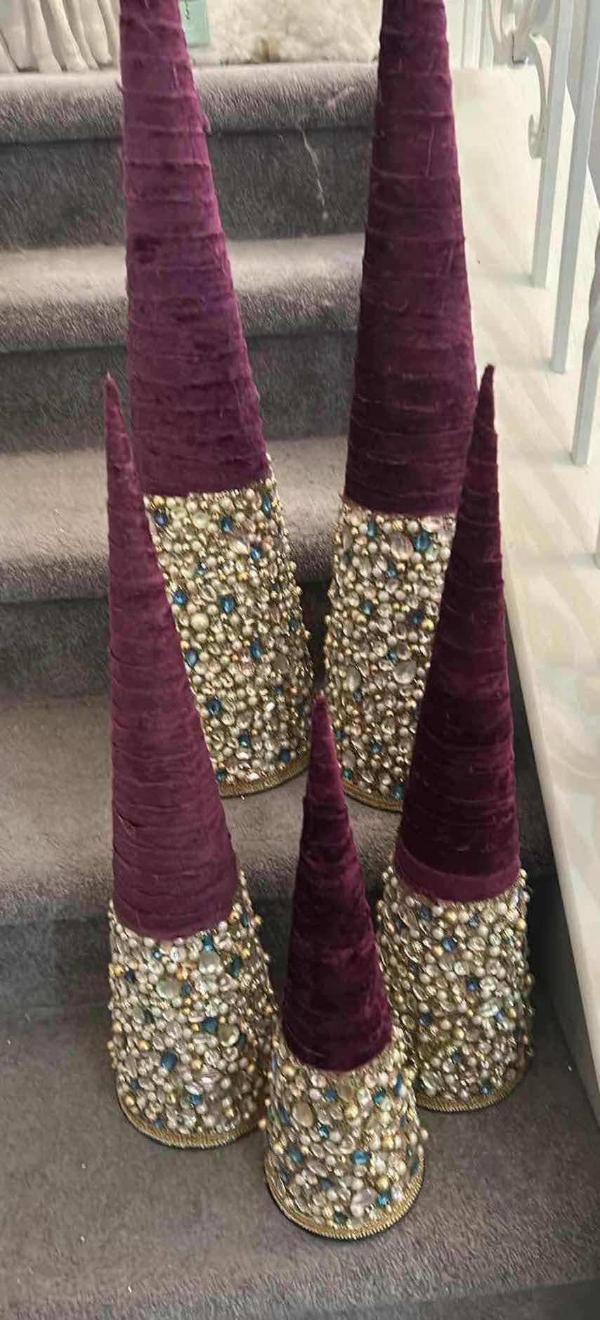 Photo 1 of 5-DECORATIVE TABLE TOP PLUM VELVET WRAPPED CONE TREES W JEWELED SEQUINED BASES H 30" 24" 19"