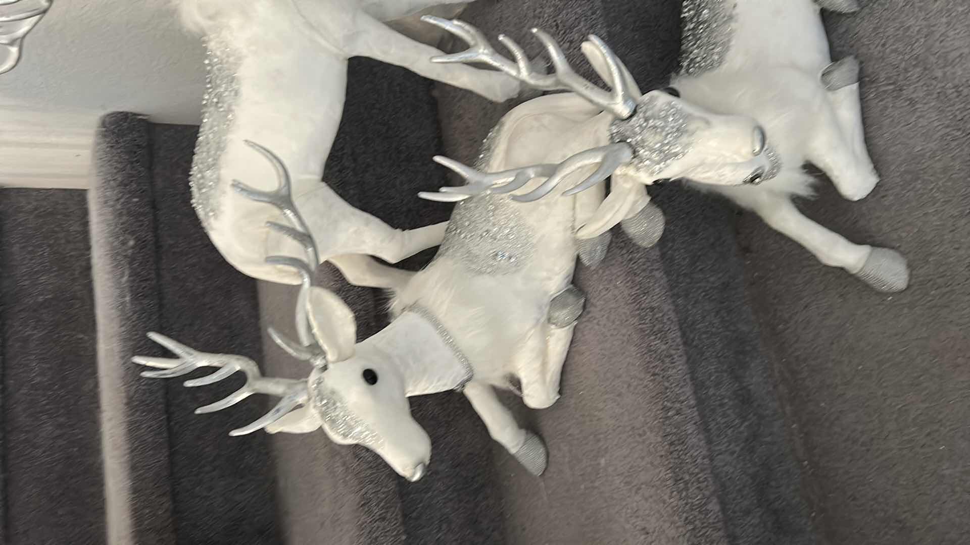 Photo 1 of 3- WHITE VELVET & GLITTER STANDING REINDEER HOLIDAY DECORATIONS ADORNED W PEARLS WHITE FAUX FUR COLLARS BY ROBERT STANLEY 12" X 23"