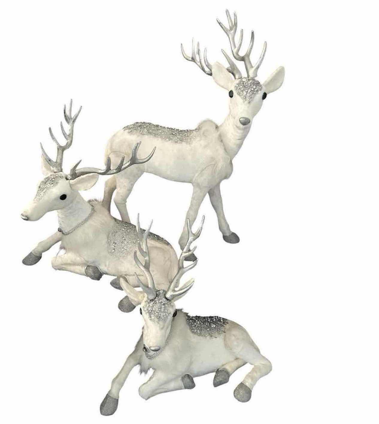 Photo 1 of 3- WHITE VELVET & GLITTER STANDING REINDEER HOLIDAY DECORATIONS ADORNED W PEARLS WHITE FAUX FUR COLLARS BY ROBERT STANLEY 12" X 23"