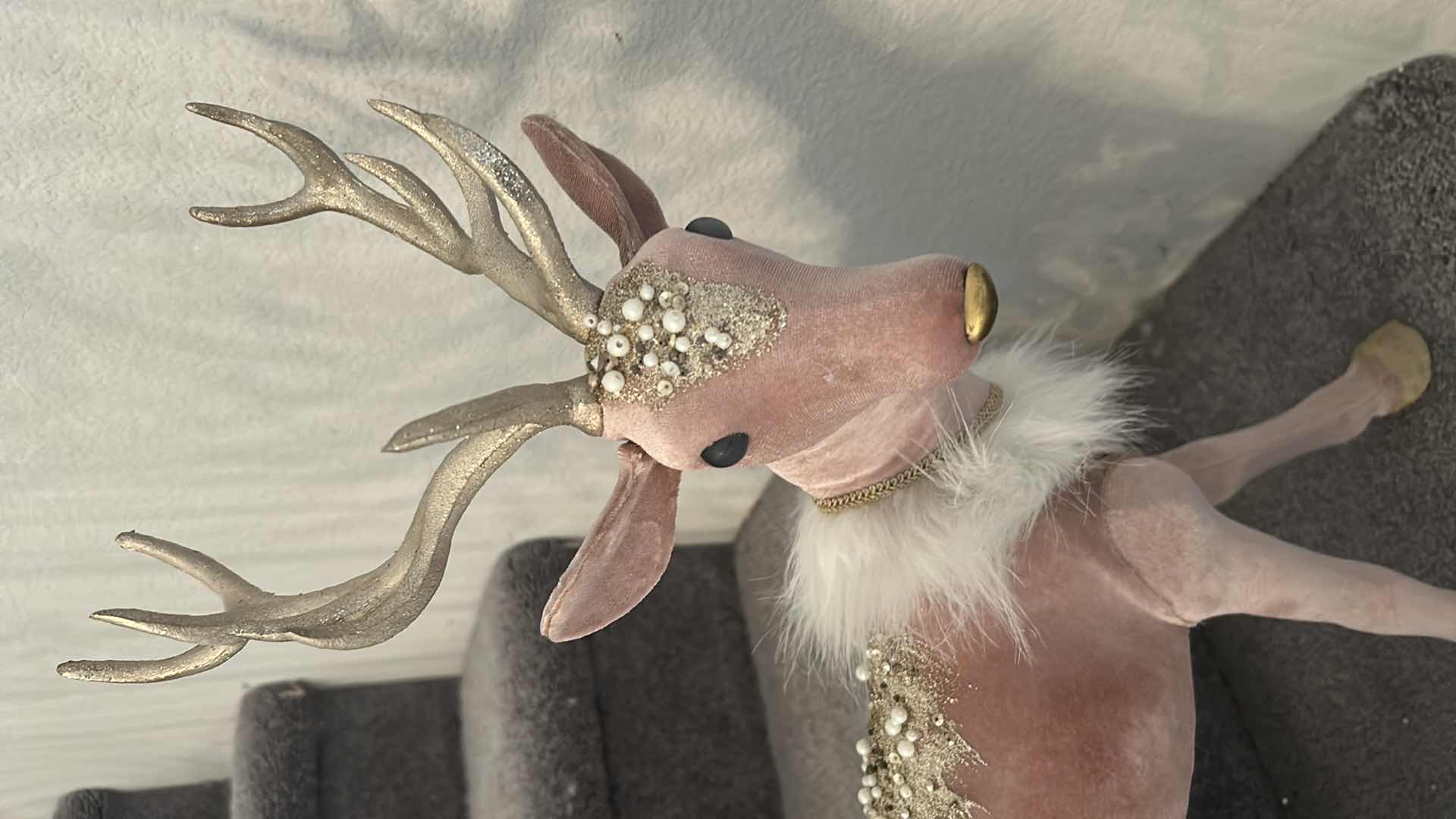 Photo 1 of 2- PINK VELVET & GLITTER STANDING REINDEER HOLIDAY DECORATIONS ADORNED W PEARLS WHITE FAUX FUR COLLARS BY ROBERT STANLEY 12"X 23 12"X 12"