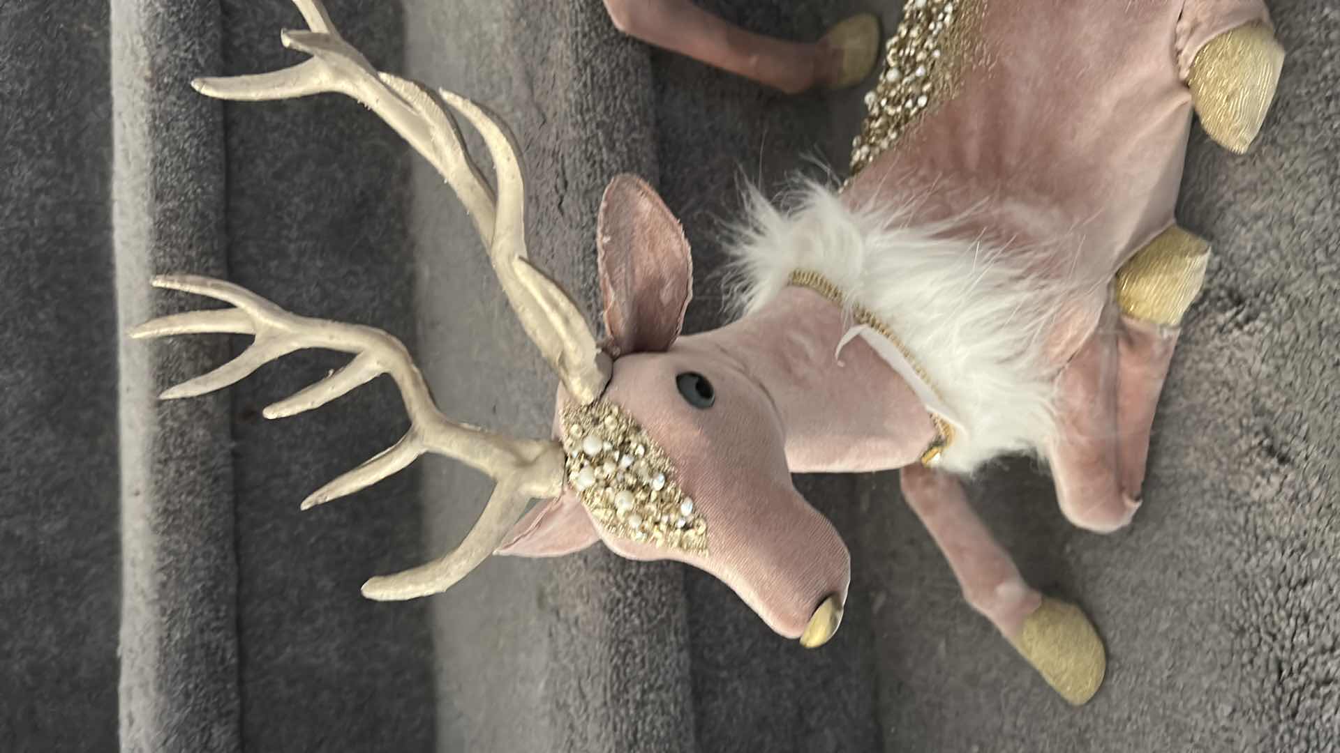 Photo 1 of 2- PINK VELVET & GLITTER STANDING REINDEER HOLIDAY DECORATIONS ADORNED W PEARLS WHITE FAUX FUR COLLARS BY ROBERT STANLEY 12"X 23 12"X 12"