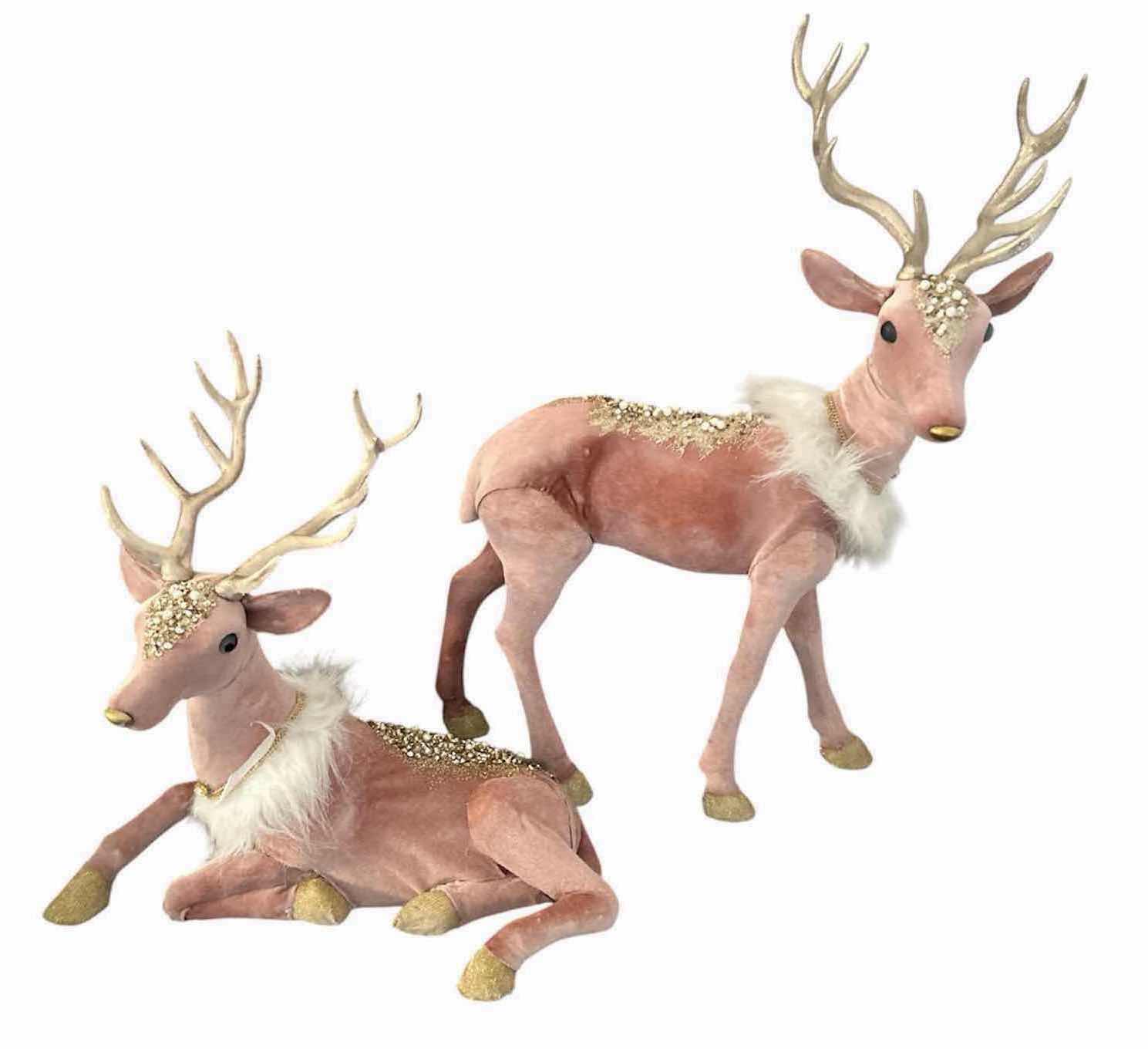 Photo 1 of 2- PINK VELVET & GLITTER STANDING REINDEER HOLIDAY DECORATIONS ADORNED W PEARLS WHITE FAUX FUR COLLARS 12"X 23 12"X 12"