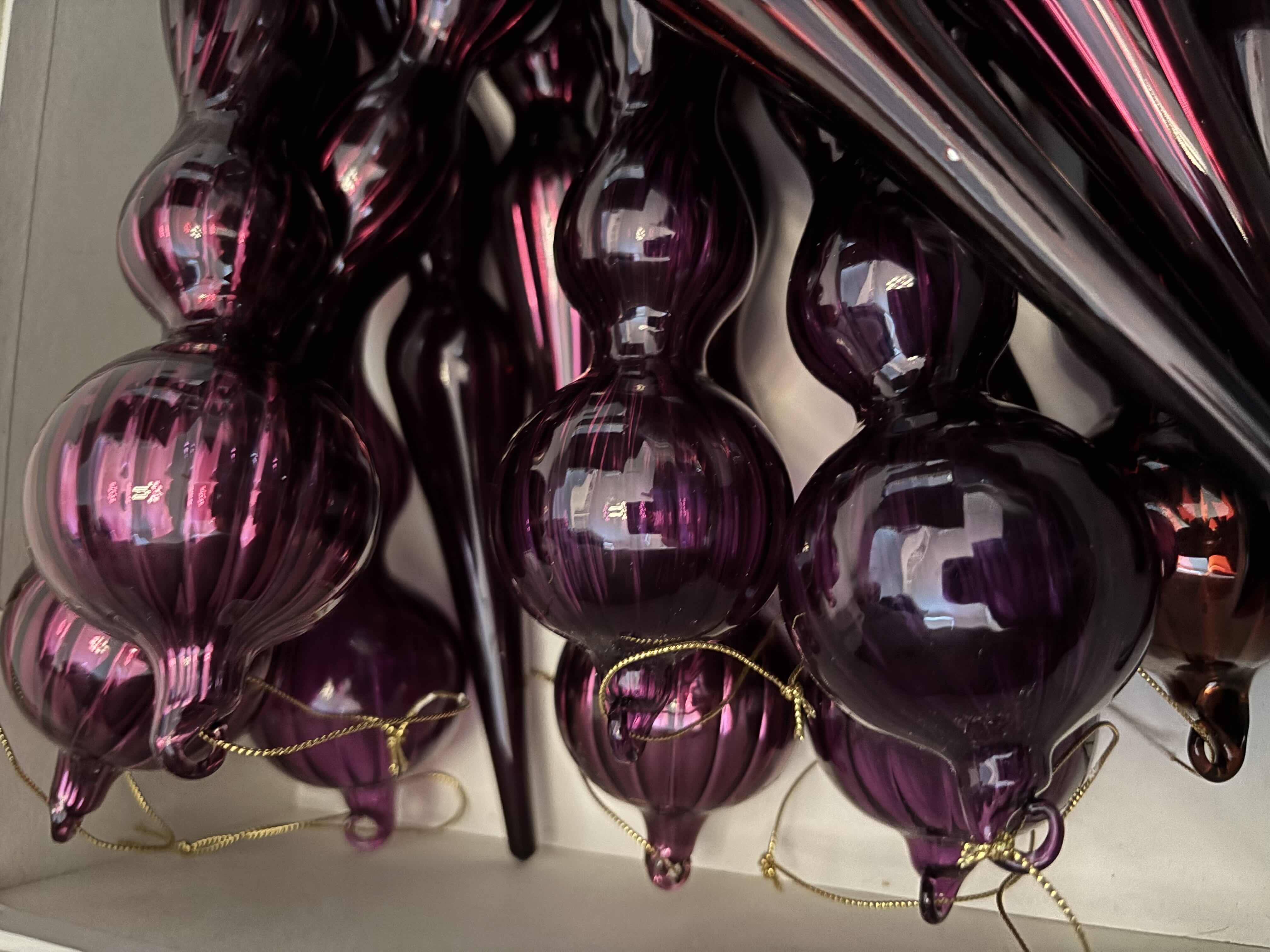 Photo 1 of DECORATIVE BOX FULL OF GLASS ORNAMENTS 12”L