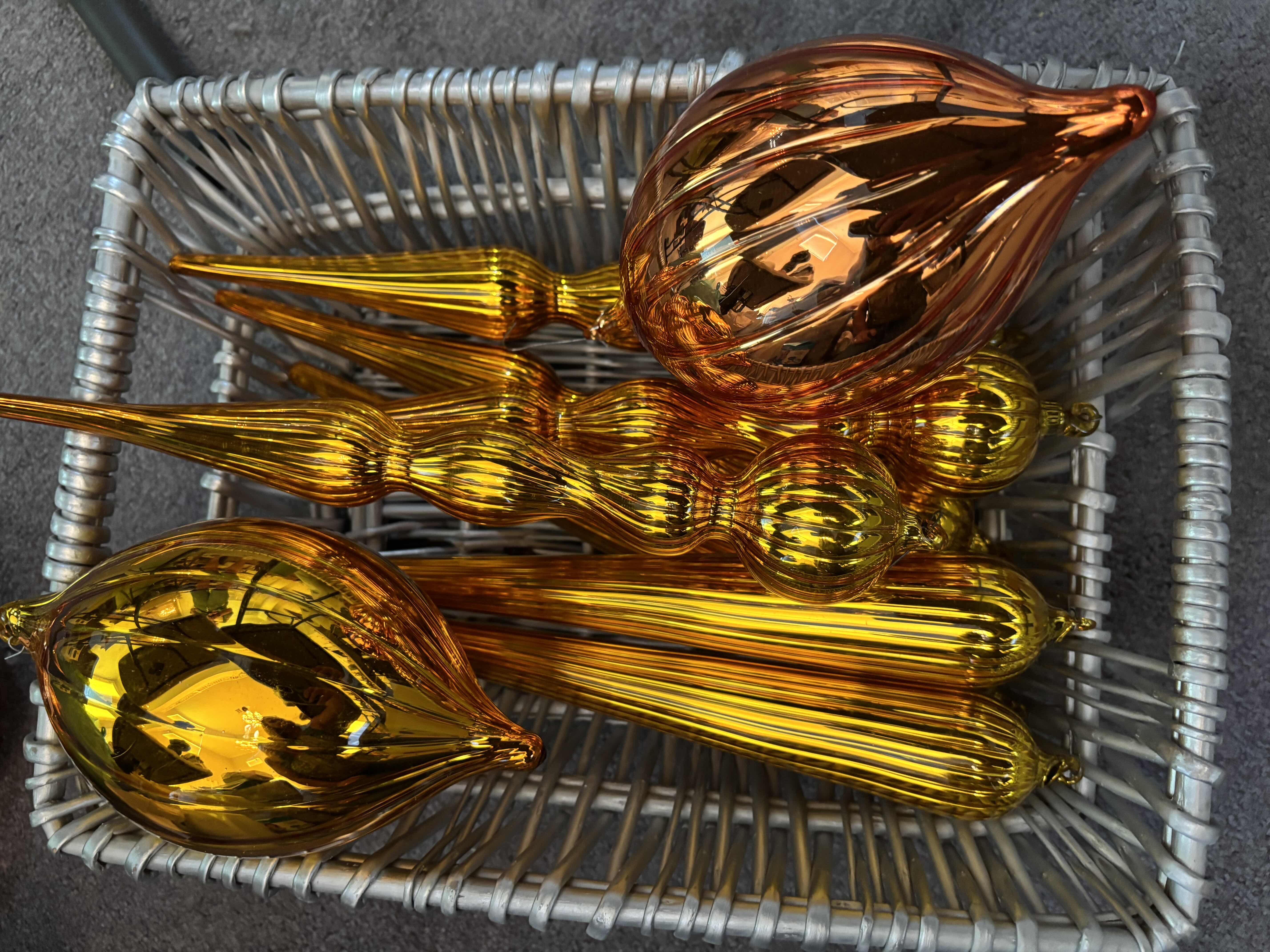 Photo 1 of BASKET OF ORANGE GLASS ORNAMENTS, LONGEST 12”L