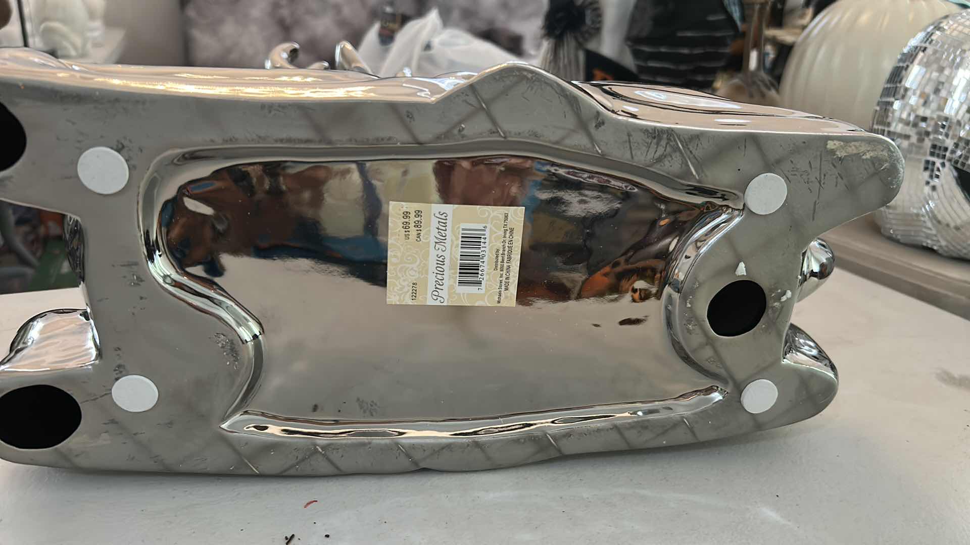 Photo 1 of PRECIOUS METAL SILVER TONED RESTING  DEER W REFLECTIVE METALLIC CHROME FINISH CURVED ANTLERS 15" X 15"