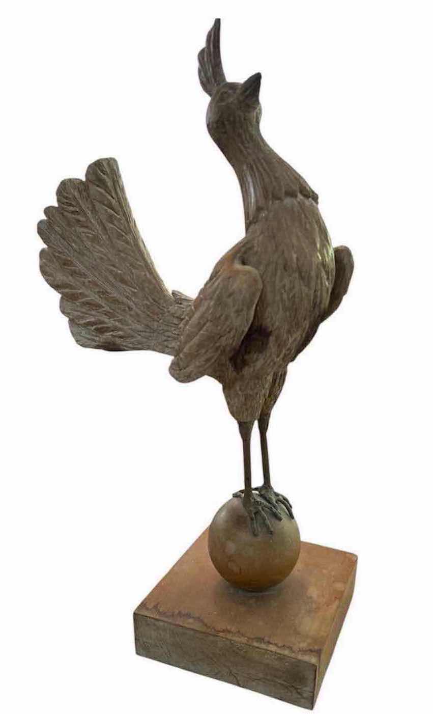 Photo 1 of RESIN ROOSTER SCULPTURE STANDING IN A DOHERE ATOP RECTANGULAR WOODEN BASE H 18"