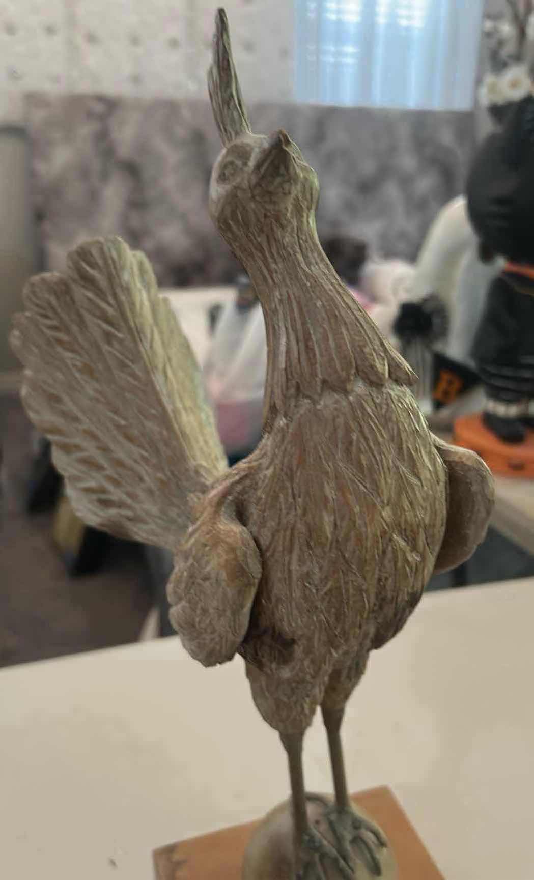 Photo 1 of RESIN ROOSTER SCULPTURE STANDING IN A DOHERE ATOP RECTANGULAR WOODEN BASE H 18"