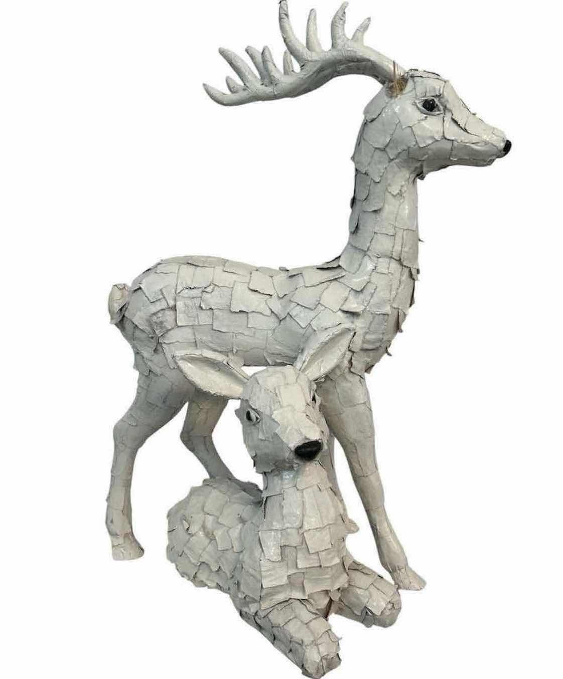 Photo 1 of 2- HANDMADE PAPER MACHE DECOUPAGE RECLINING FAWN & STANDING DEER 22" X 29" 12" C 14"