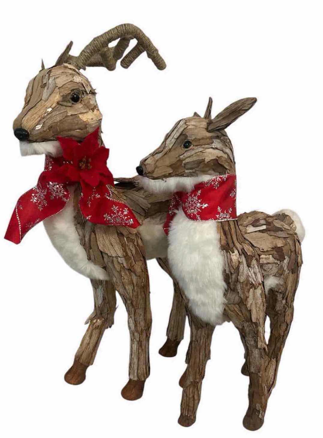 Photo 1 of PAIR OF RUSTIC STAND & RESTING REINDEER FIGURES CRAFTED NATURAL WOOD BARK FAUX WHITE FUR H 25" 23"