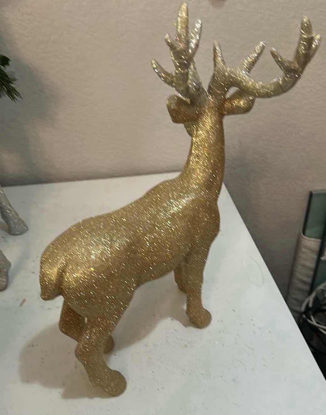 Photo 1 of 2-DECORATIVE STANDING CHAMPAGNE GOLD GLITTER REINDEER FIGURES W TEXTURE ANTLERS H 18"