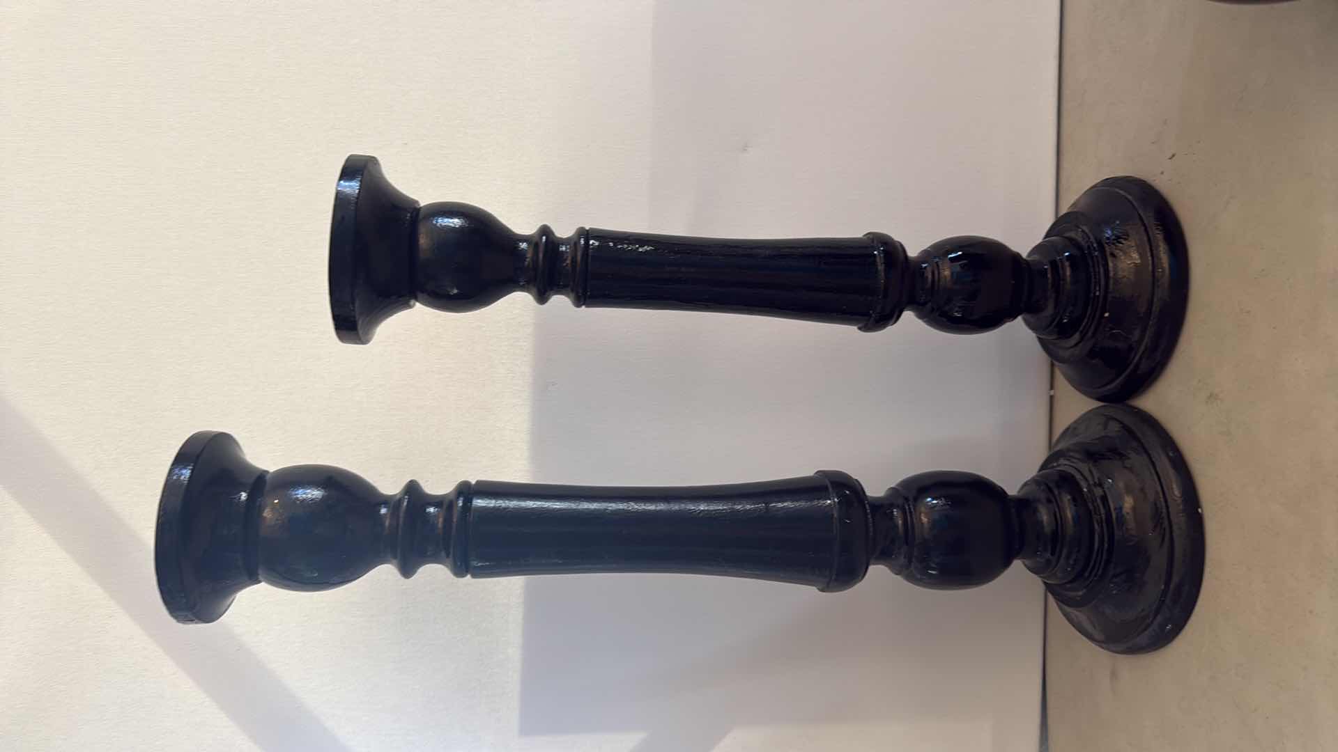Photo 1 of 2-BLACK WOOD CANDLEHOLDERS, 2-BLACK GLASS VASES
