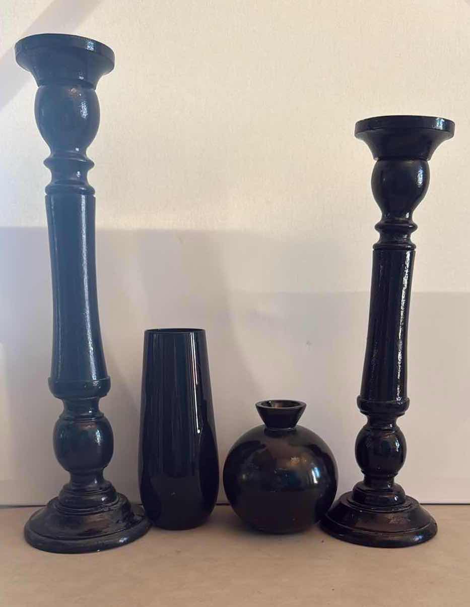 Photo 1 of 2-BLACK WOOD CANDLEHOLDERS, 2-BLACK GLASS VASES