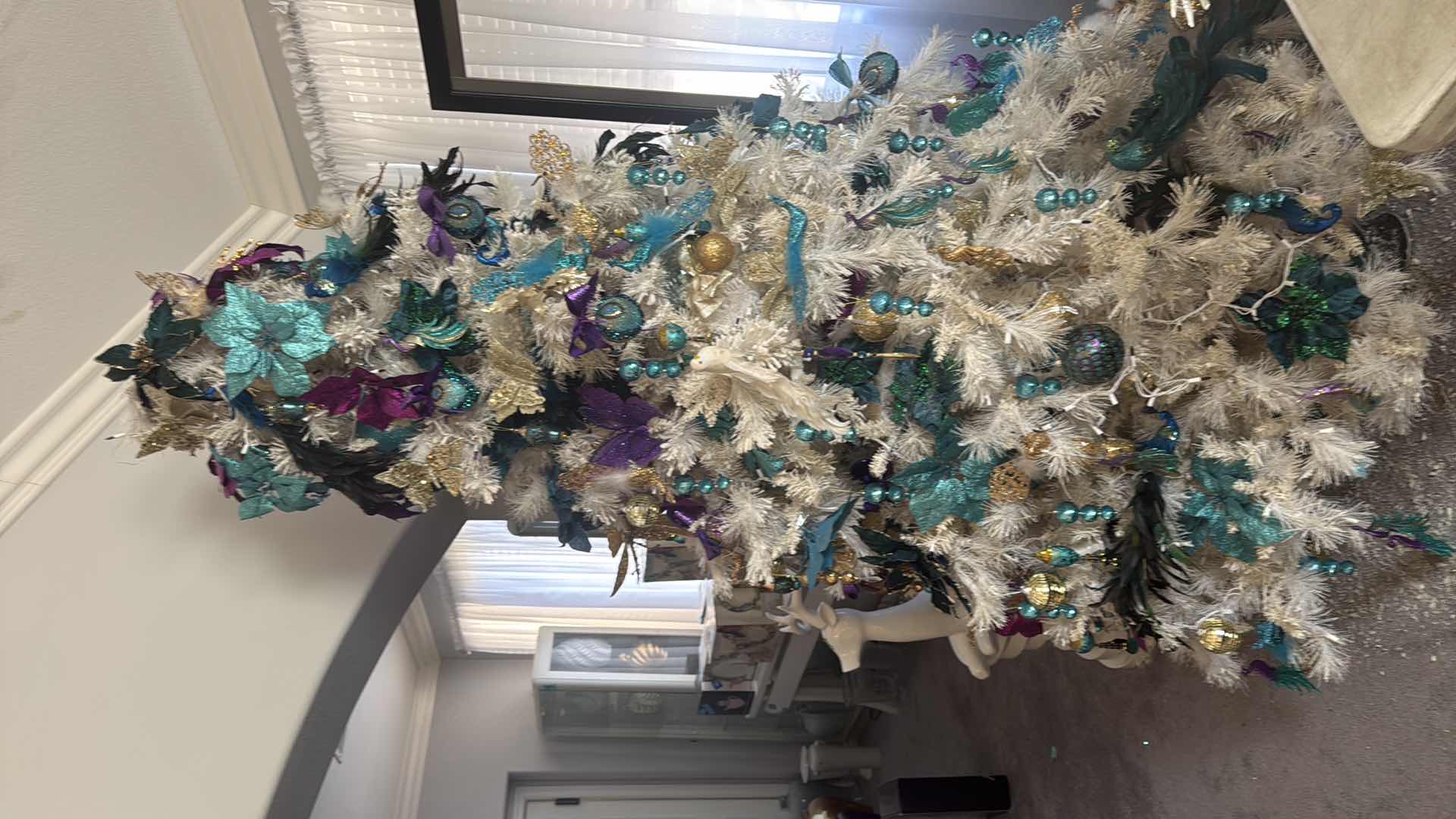 Photo 1 of 8’ FULL DECORATED WHITE ARTIFICIAL CHRISTMAS TREE W TEAL & PURPLE ORNAMENTS