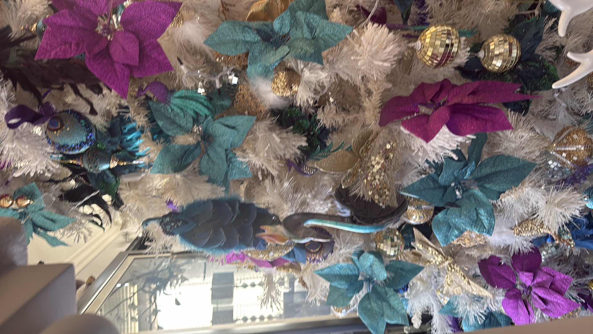 Photo 1 of 8’ FULL DECORATED WHITE ARTIFICIAL CHRISTMAS TREE W TEAL & PURPLE ORNAMENTS