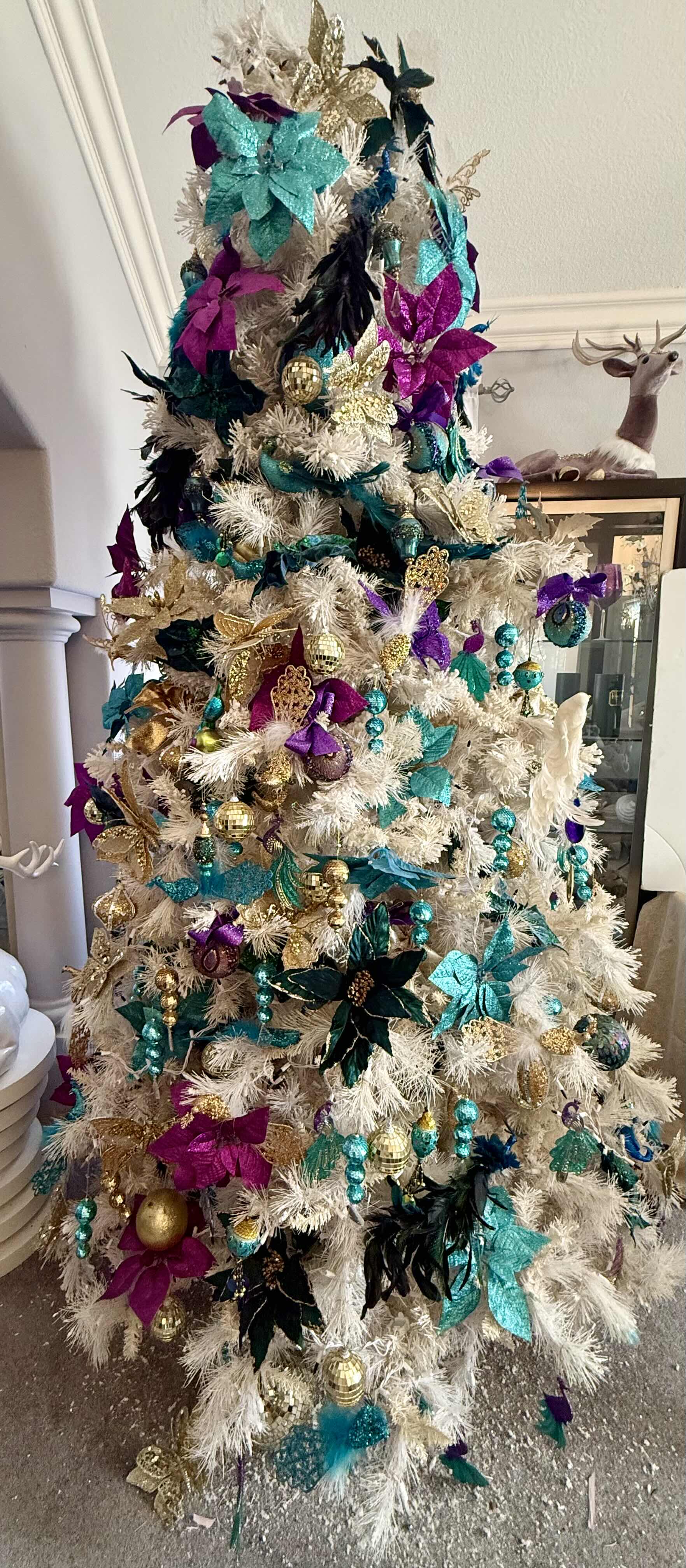 Photo 1 of 8’ FULL DECORATED WHITE ARTIFICIAL CHRISTMAS TREE W TEAL & PURPLE ORNAMENTS
