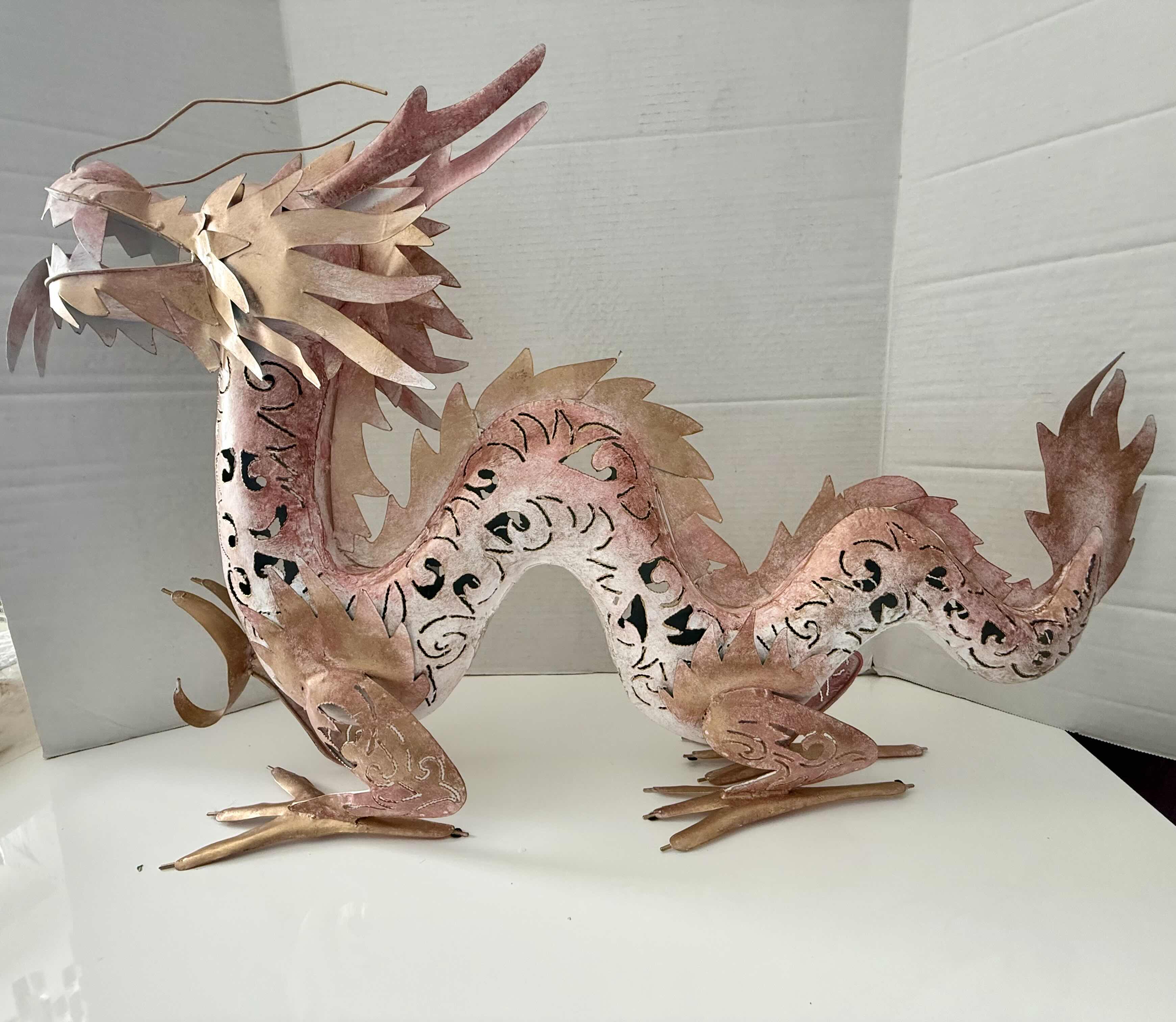 Photo 1 of METAL PINK & GOLD DRAGON SCULPTURE W35” H32”