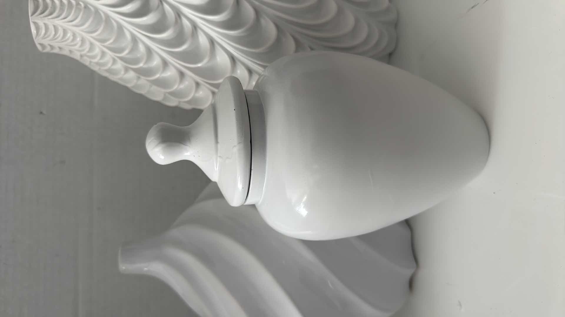 Photo 1 of 3-WHITE CERAMIC VASES, JAR (TALLEST H14”)