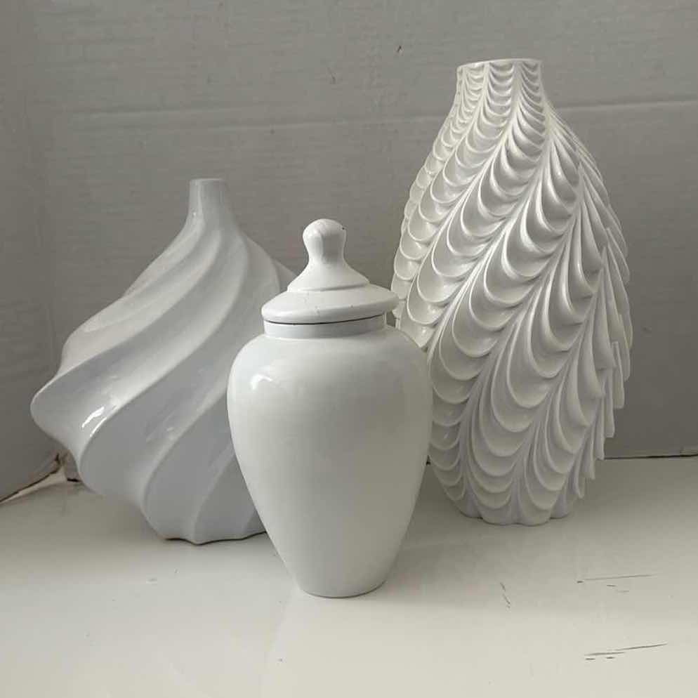 Photo 1 of 3-WHITE CERAMIC VASES, JAR (TALLEST H14”)