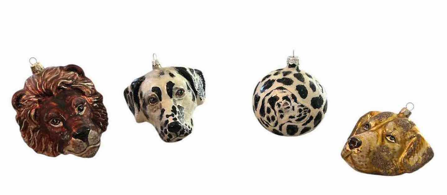 Photo 1 of 4-MOUTH BLOWN & HAND PAINTED GLASS ANIMAL HEAD ORNAMENTS