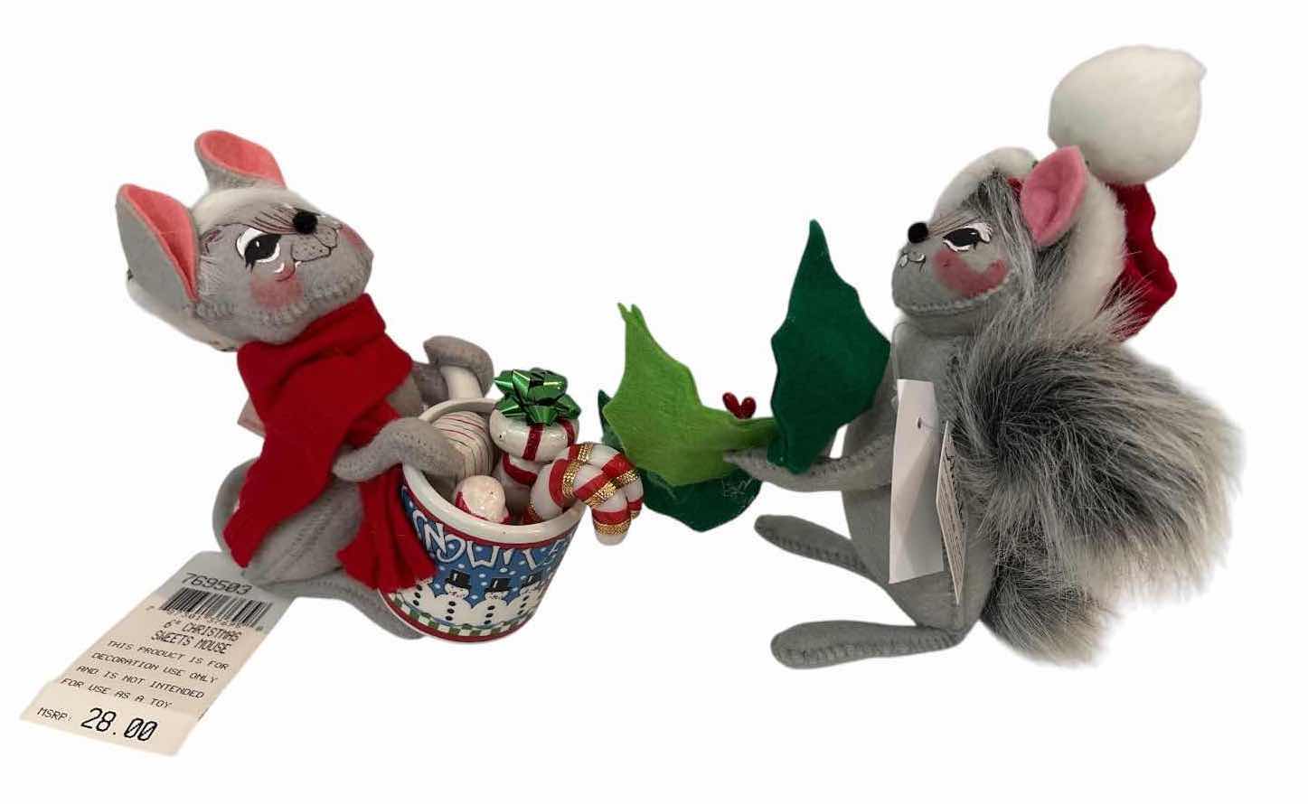 Photo 1 of 2-PCS ANNALEE CHRISTMAS MICE HOLIDAY FIGURES WITH CANDY CANES & TREE H6.5”