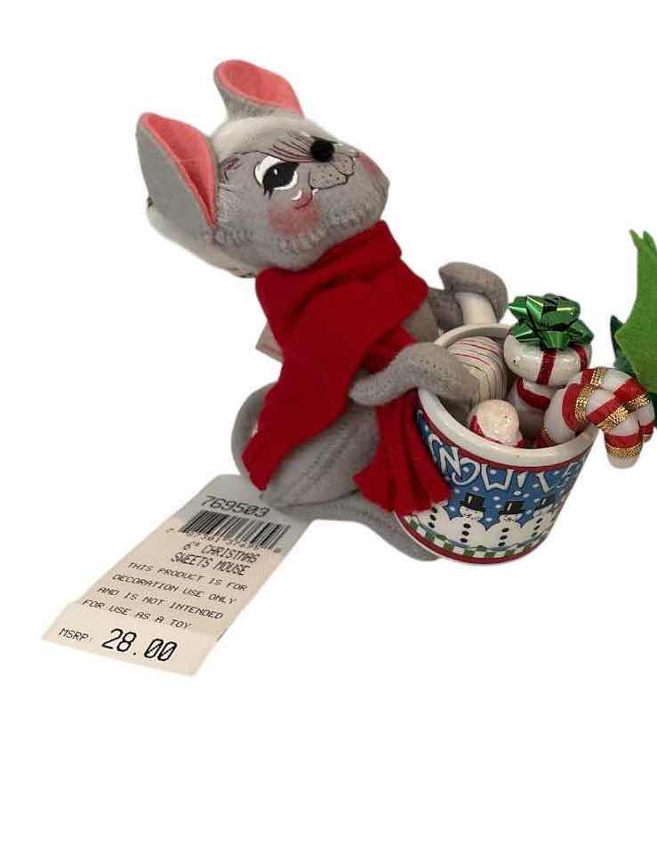 Photo 1 of 2-PCS ANNALEE CHRISTMAS MICE HOLIDAY FIGURES WITH CANDY CANES & TREE H6.5”