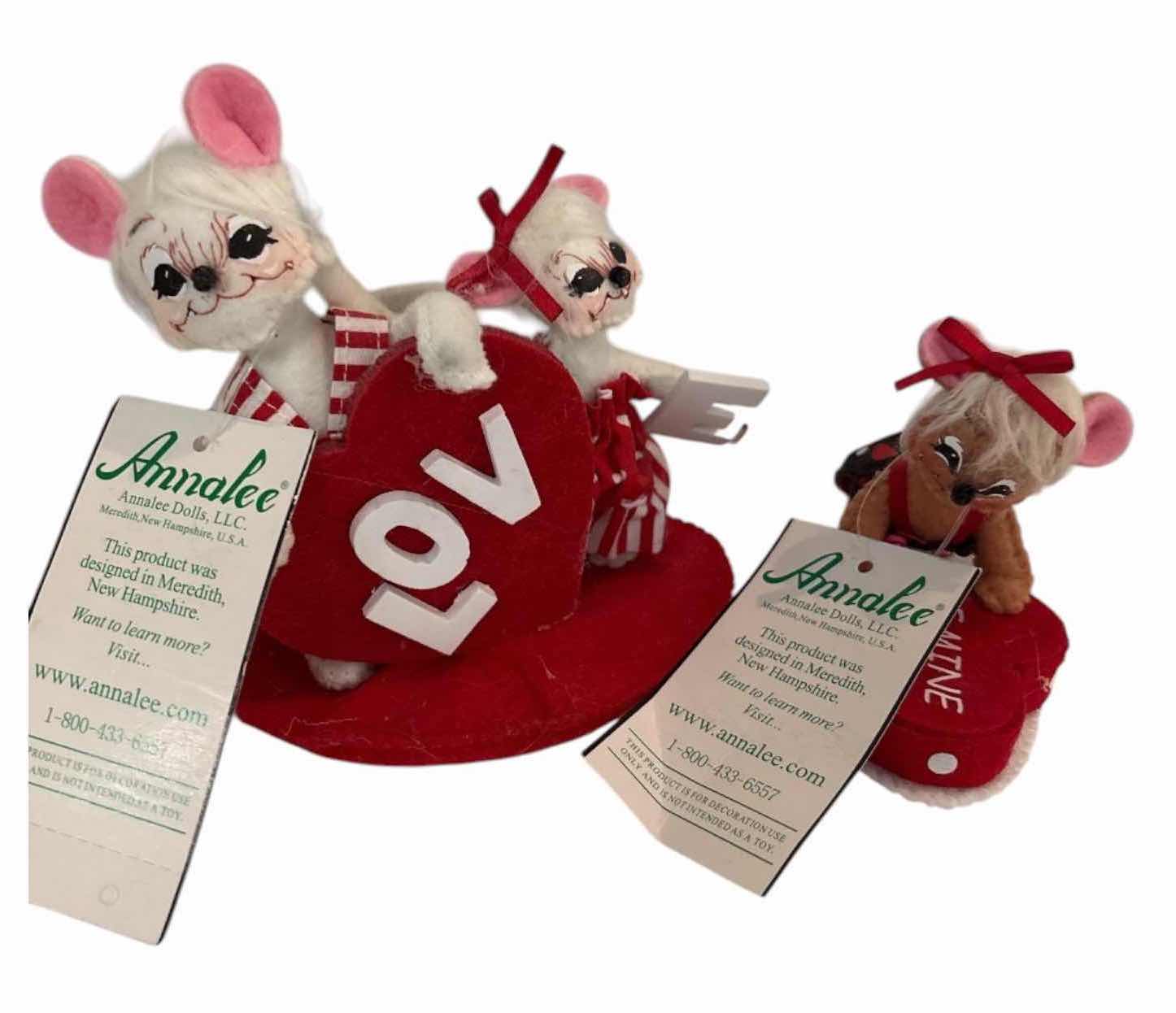 Photo 1 of 3-PCS ANNALEE VALENTINE MICE & DUCK FIGURES WITH BASKET H8.5”