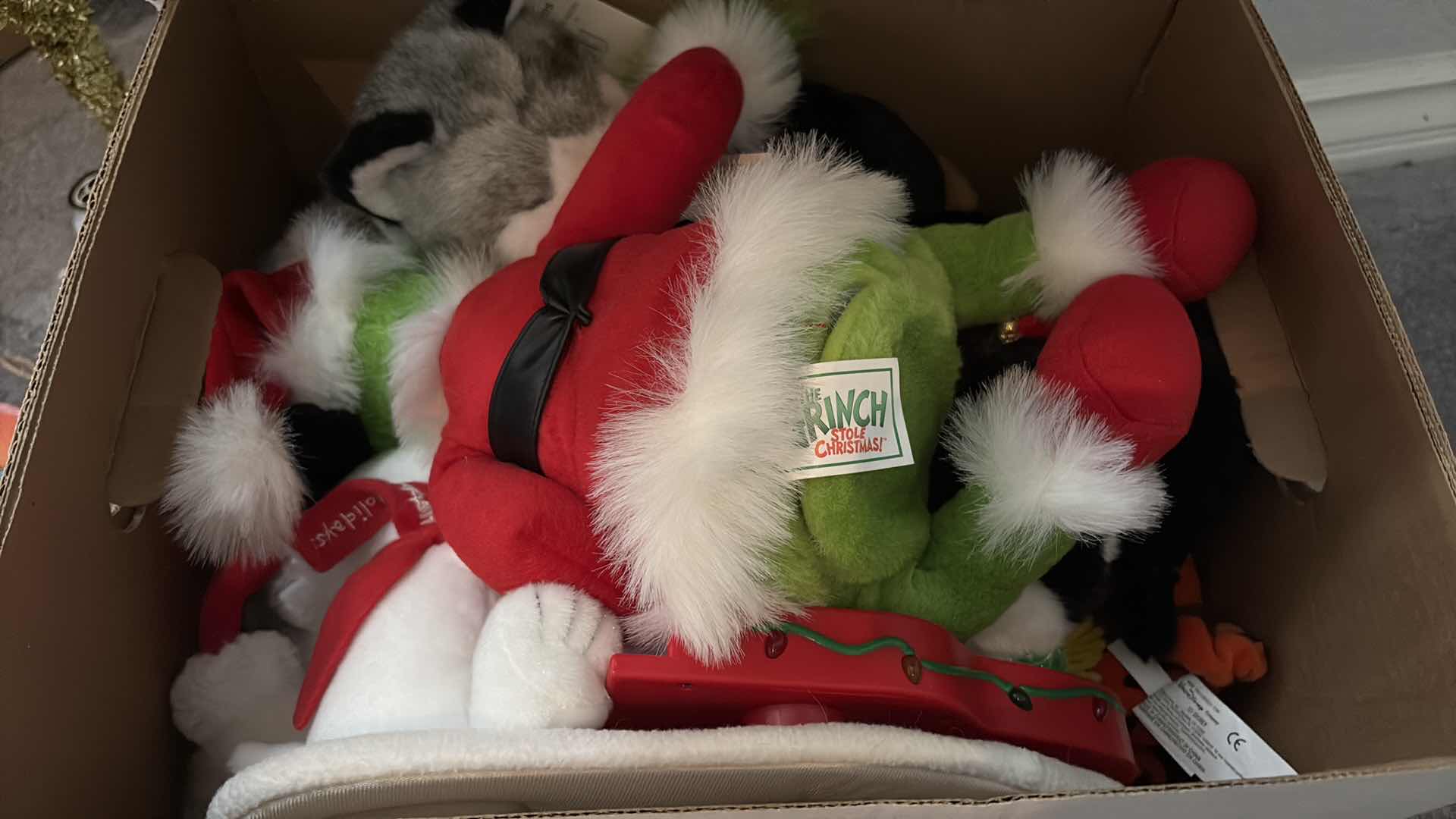 Photo 1 of SMALL BOX OF CHRISTMAS PLUSHES- GRINCH, SNOOPY & MORE