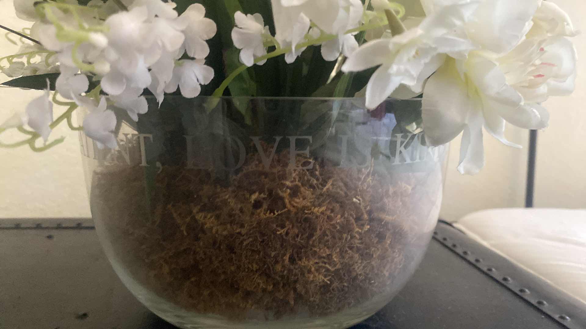 Photo 1 of LOVE IS KIND SILK FLORAL WITH ETCHED GLASS VASE 12” X 13”