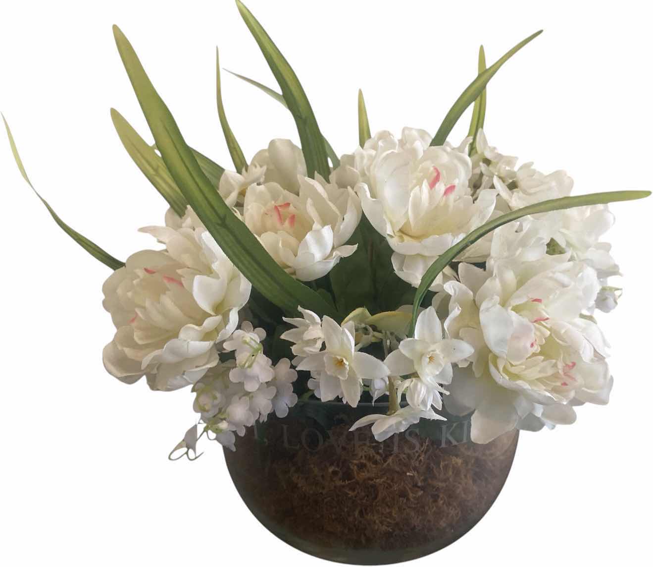 Photo 1 of LOVE IS KIND SILK FLORAL WITH ETCHED GLASS VASE 12” X 13”