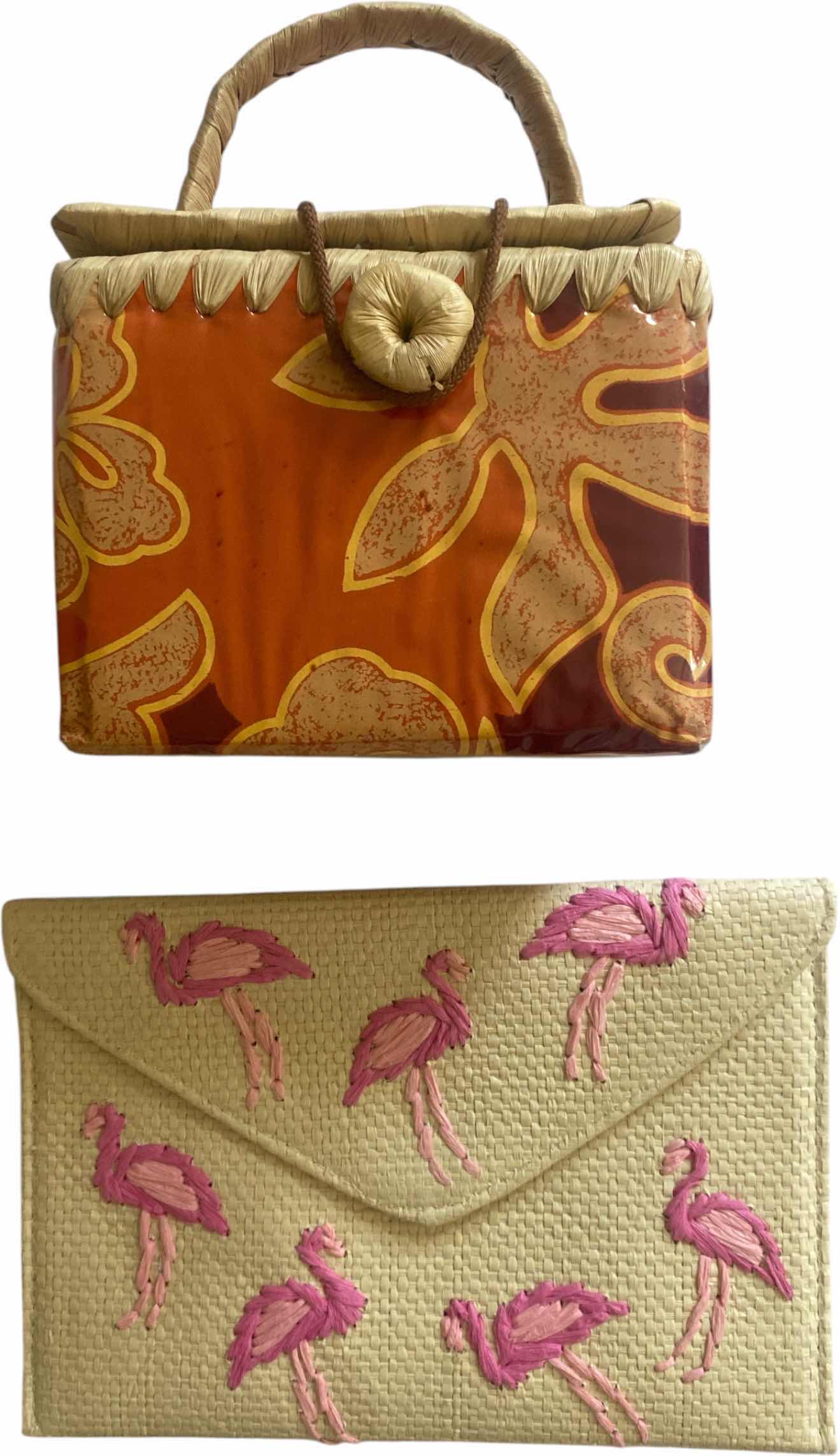 Photo 1 of WOMEN’S ORANGE FLORAL RAPHIA FLOWER BOX BAG & WOVEN FLAMINGO CLUTCH 10 1/2“ X 7 1/4“